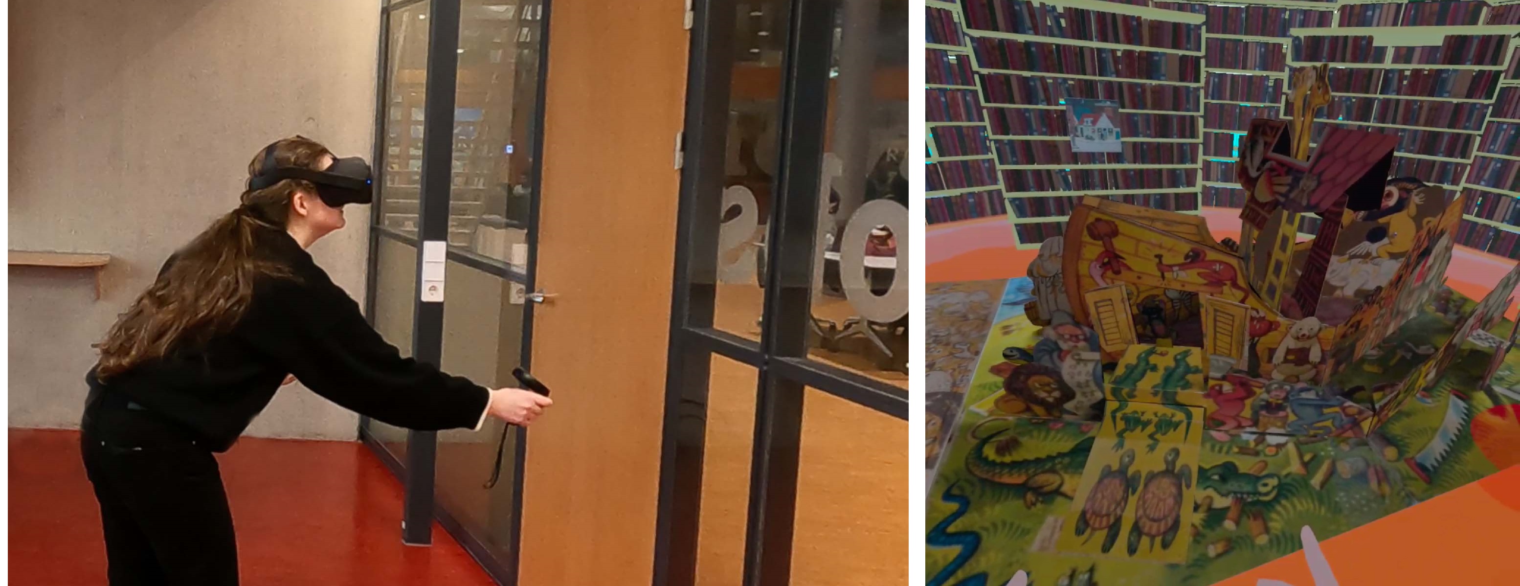 Two images of (left) a person interacting with the VR enviroment en (right) the VR enviroment showing a pop-up book