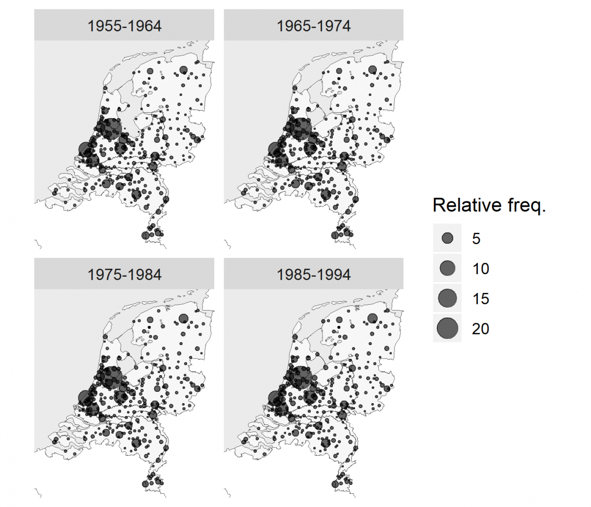 Figure 1 - Cities mentioned in De Volkskrant for the period 1960-1994