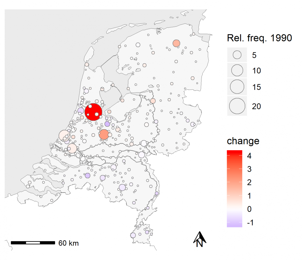 Figure 2 - Change in the relative coverage of Dutch cities in de Volkskrant 1960-1990