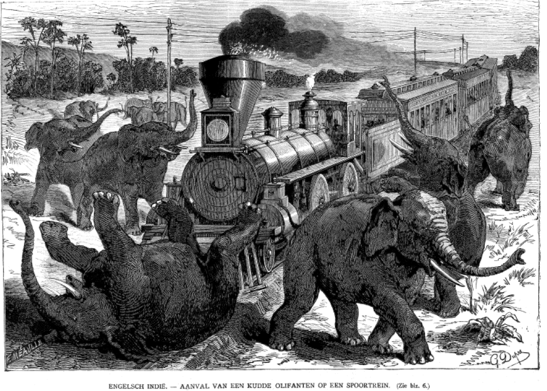 A horde of elephants attacking a train’, De Hollandsche Illustratie, no. 12 (1867)