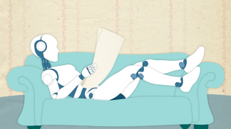 Robot lies on couch, reading a newspaper