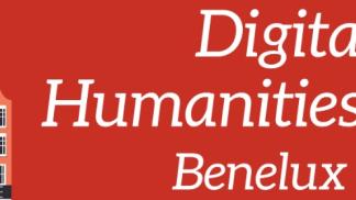 logo Digital Humanities Benelux Amsterdam 2025 with red background and white crosses. Also canel houses