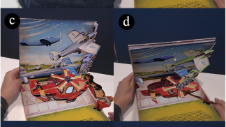 Showing one pop-up book with planes with a fysical and VR aspects combined 