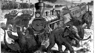 A horde of elephants attacking a train’, De Hollandsche Illustratie, no. 12 (1867)