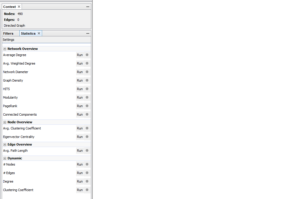 Gephi statistics menu