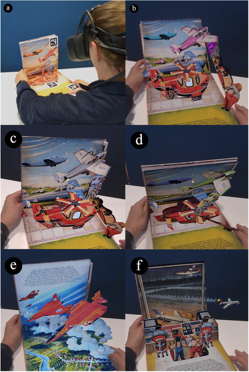 Showing one pop-up book with planes with a fysical and VR aspects combined