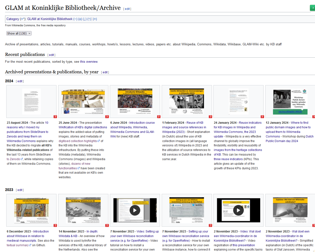 Screenshot of the Wikimedia page 'Glam at Koninklijke Bibliotheek / Archive