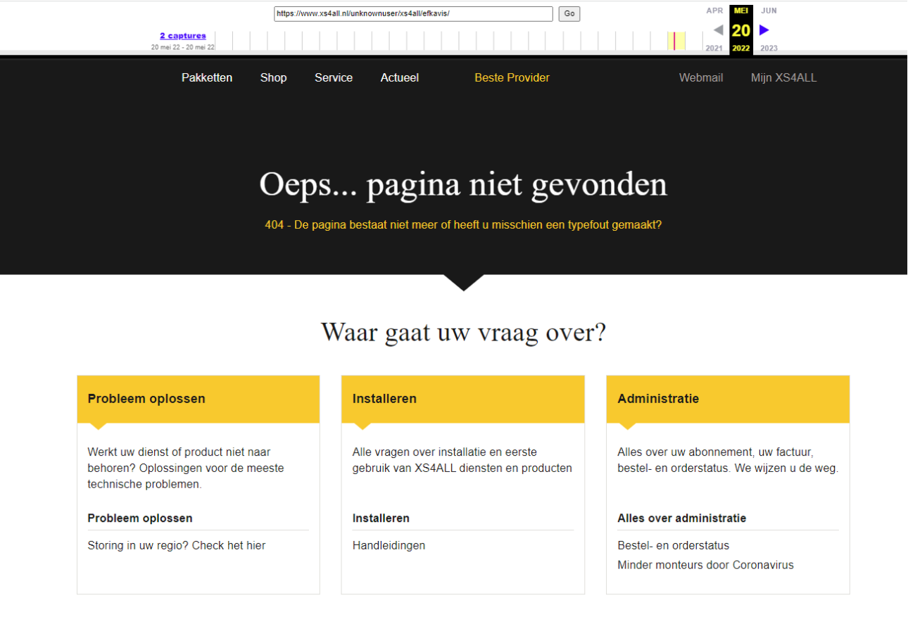 Webpage in KB webarchive Wayback Machine: XS4ALL website with the text 'Oeps... pagina niet gevonden. 404 - de pagina bestaat niet meer of heeft u misschien een typefout gemaakt?"