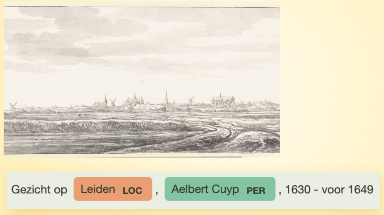An example of an annotation: “Gezicht op Leiden, Aelbert Cuyp, 1630 - voor 1649”. Leiden and Aelbert Cuyp are marked as named entities: location and person, respectively. Aelbert Cuyp is an old form of the name Albert Cuyp, which demonstrates the ability of the model to correctly annotate text with historical spelling variations.