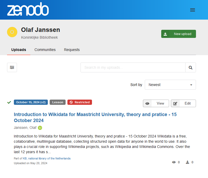 Screenshot of Zenodo page of Olaf Janssen with 'Introduction to Wikidata for Maastricht University, theory and practice, 15 October 2024 article prominently featuring..